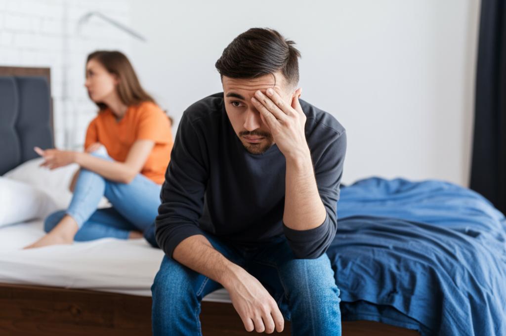 Worried man sitting on the edge of the bed with a frustrated expression, his partner looking away.