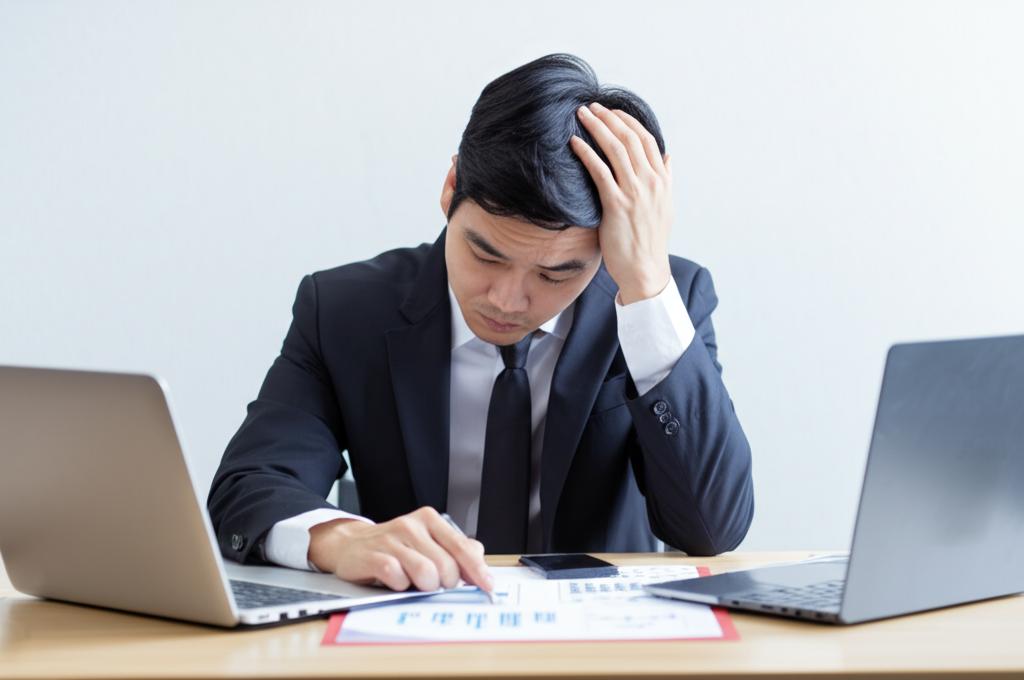 stressed asian businessman looking tired at his desk