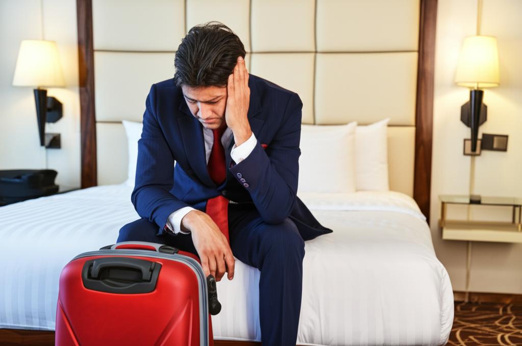tired traveling businessman sitting in a hotel room looking stressed, realistic photo