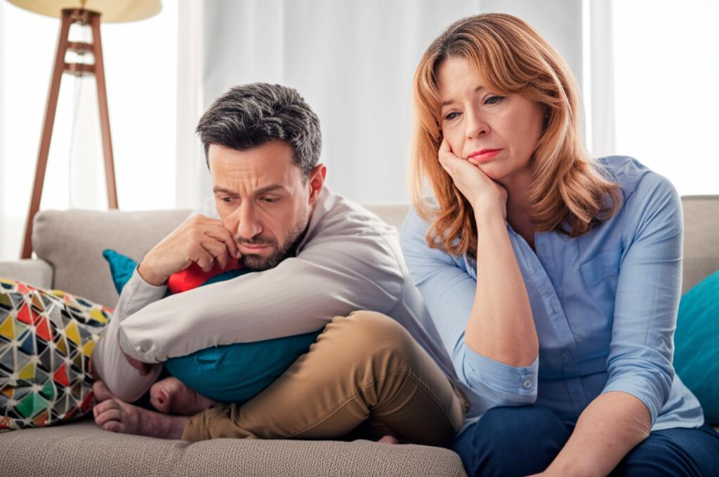 middle aged couple looking tired on a couch, feeling distant