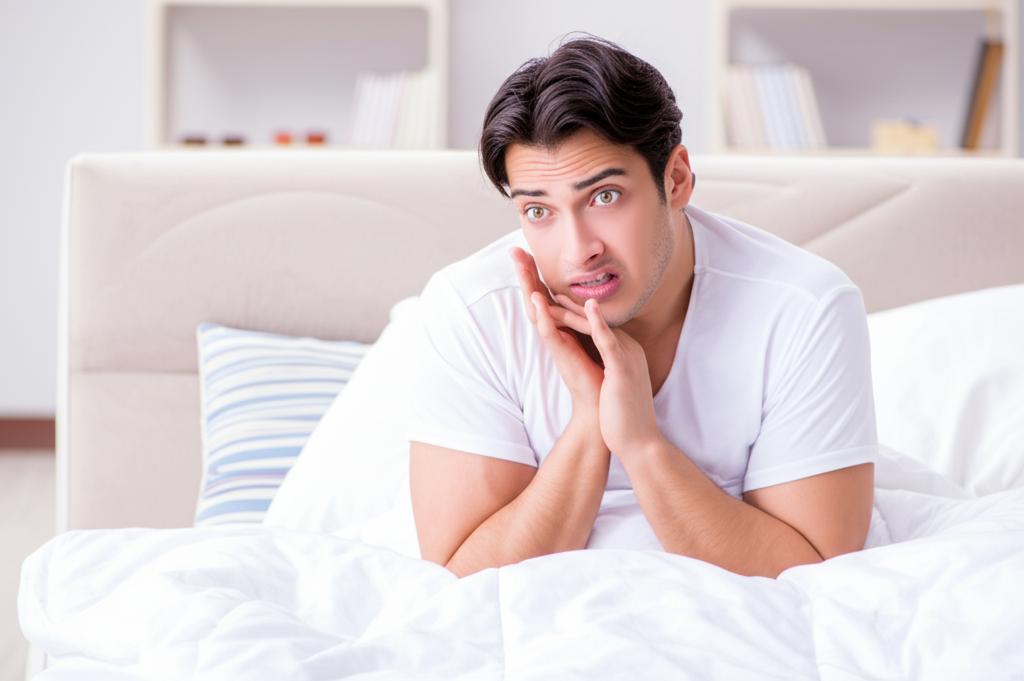 man looking worried in a bedroom setting, feeling inadequate