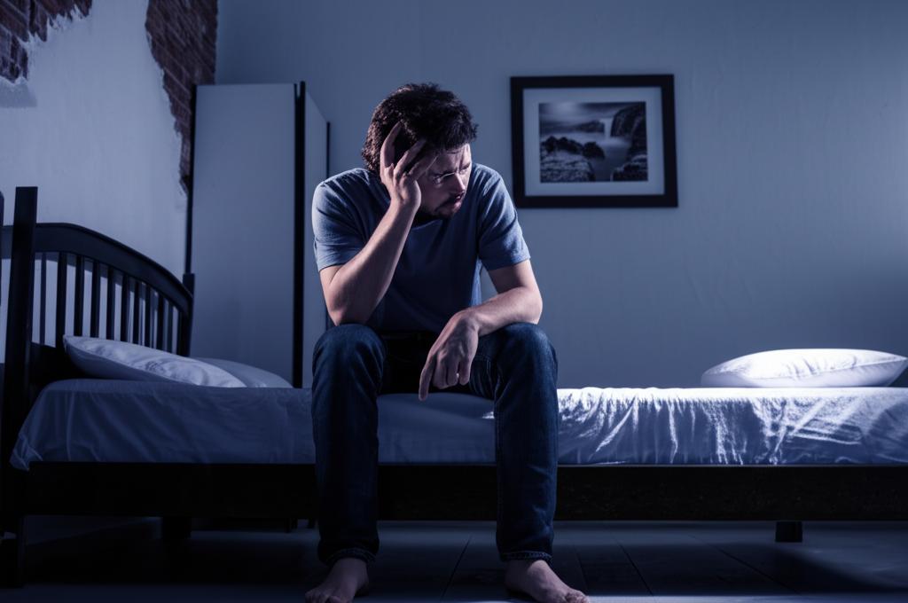 Man sitting on edge of bed looking stressed, low light, digital art