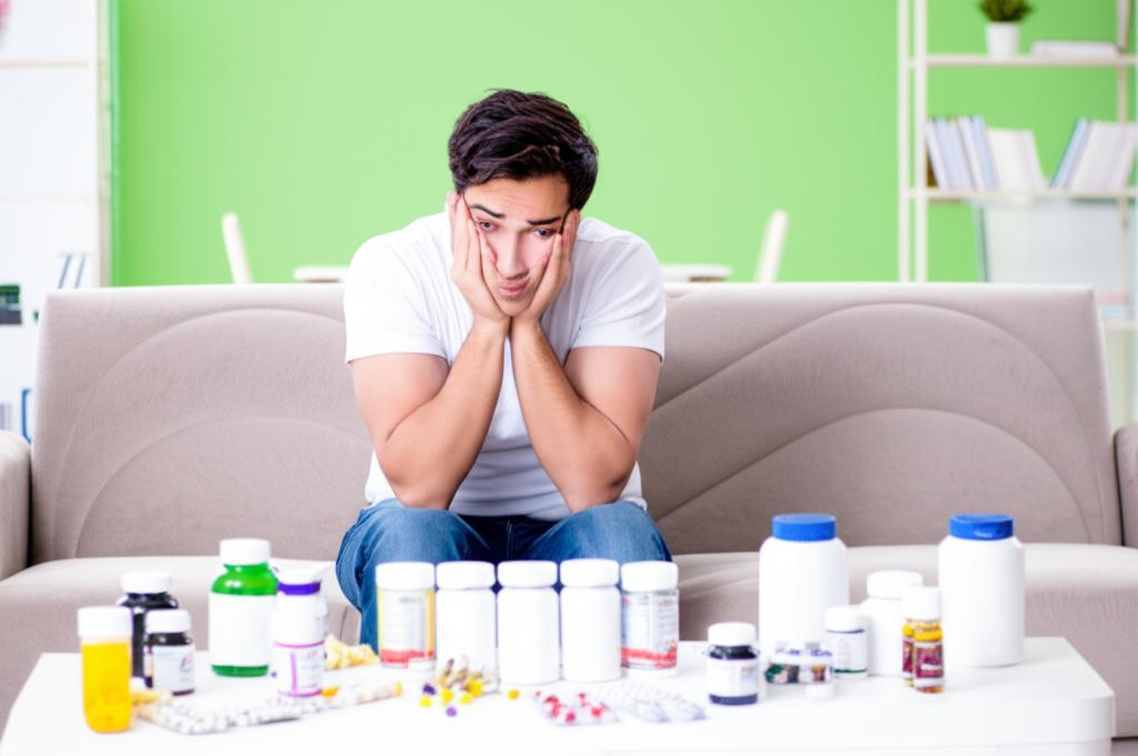 A man sitting on a sofa looking tired and frustrated, surrounded by various supplement bottles.