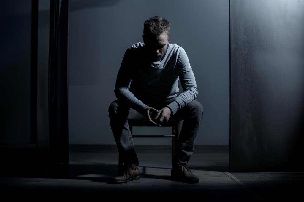 A man sitting alone in a dimly lit room, looking dejected, symbolizing feelings of inadequacy and failure. AI art, moody lighting, realistic style.
