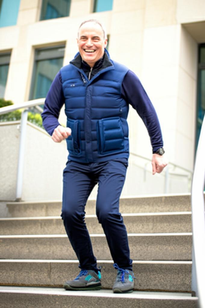Middle-aged man feeling tired climbing stairs