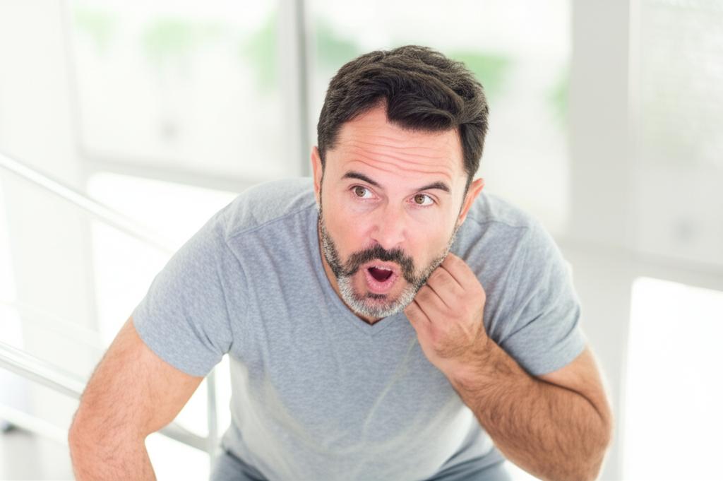 A middle-aged man looking tired while climbing stairs, feeling breathless.