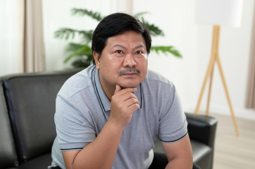 a middle-aged asian man looking thoughtful and slightly anxious, sitting on a sofa in a home setting, soft lighting, realistic photo