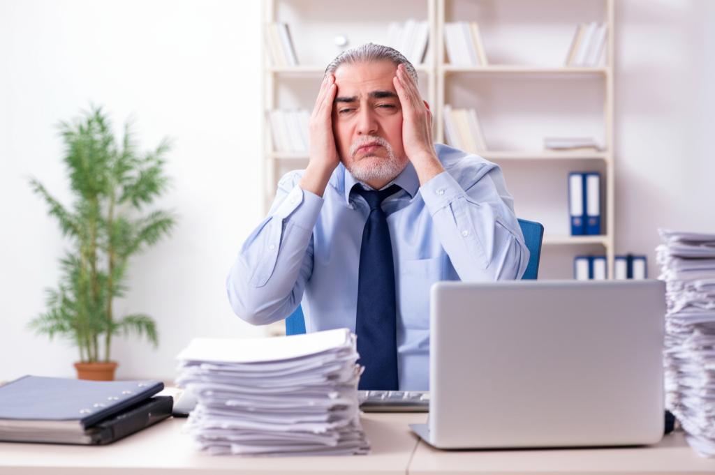 A middle-aged man looking tired and stressed at his office desk, with piles of paperwork around him.