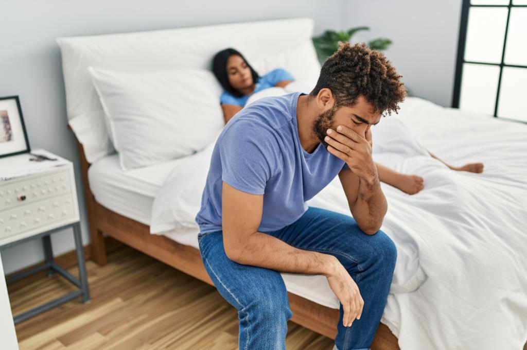 A stressed father sitting on the edge of the bed, looking exhausted. His wife is sleeping next to him.