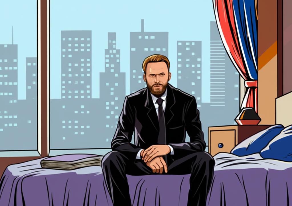 illustration of a tired salesman sitting on a hotel bed, looking stressed, with a city skyline visible through the window