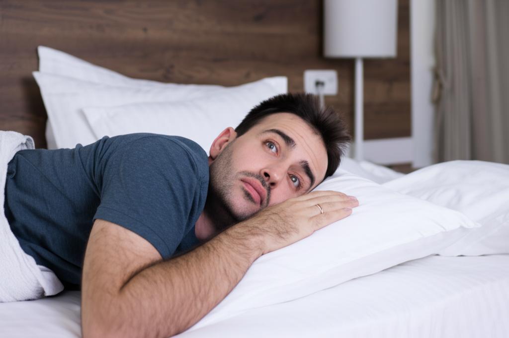 A tired man lying on the bed, feeling exhausted, with a sad expression.