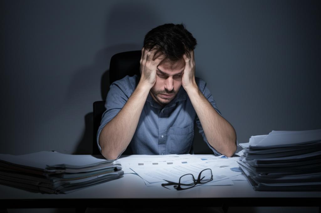 A stressed man sitting at his desk, overwhelmed with paperwork, under dim lighting. Keywords: stress, overwhelm, burnout, office, paperwork, fatigue.