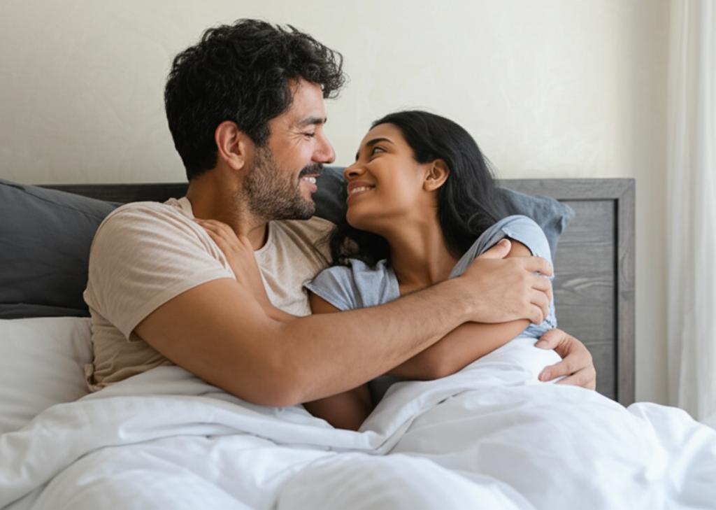 Happy couple embracing in bed, smiling and looking at each other with affection.