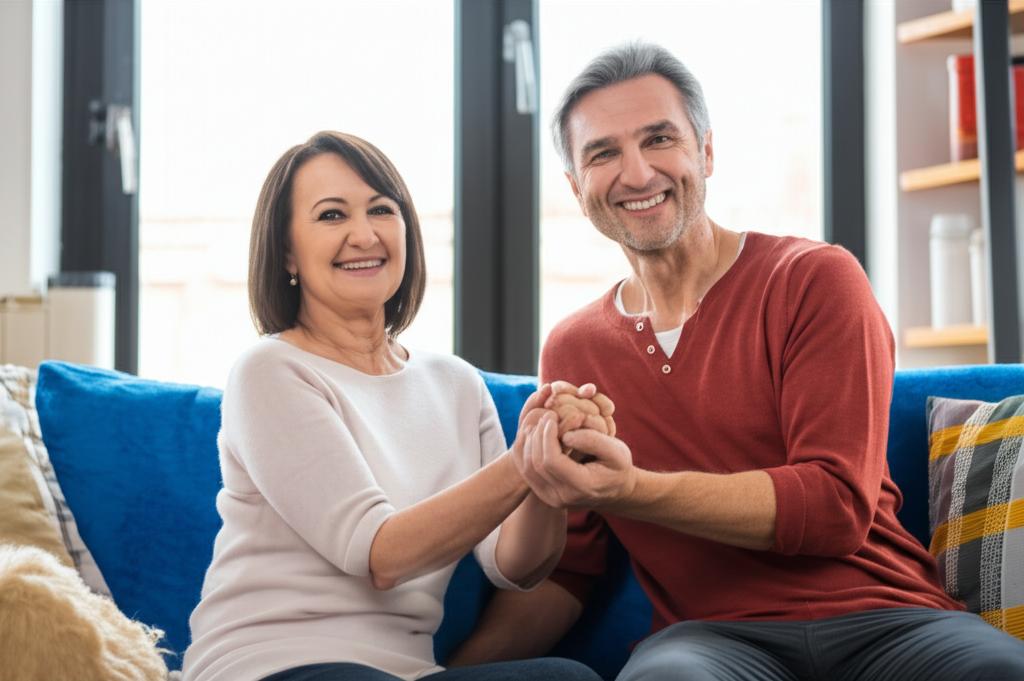 A middle-aged couple smiling and holding hands, looking happy and intimate. They are sitting on a sofa in a cozy living room.