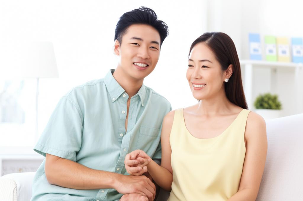 happy asian couple holding hands, looking relaxed and smiling