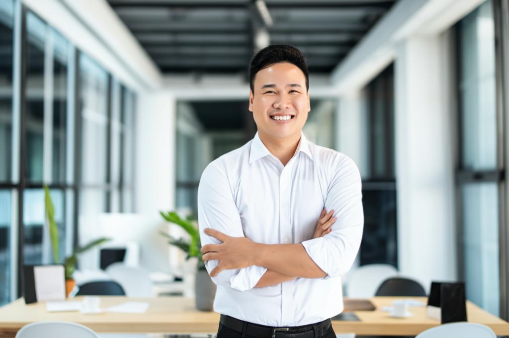 confident asian businessman smiling and looking energetic, standing in a modern office, realistic photo