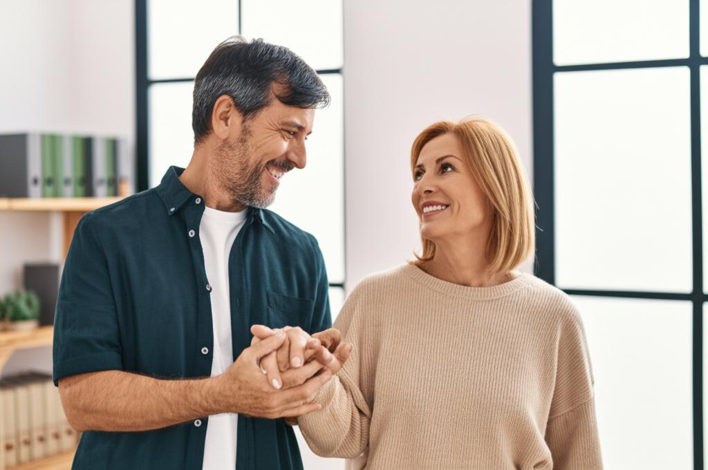 happy middle aged couple holding hands, smiling at each other