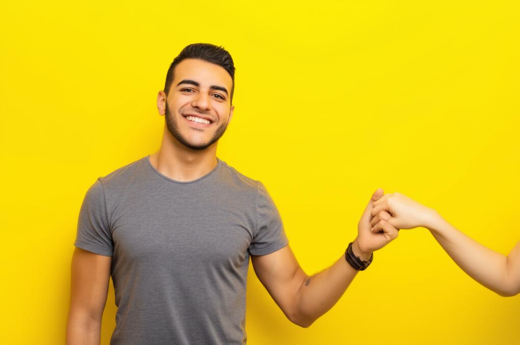 man looking confident and happy, holding hands with partner