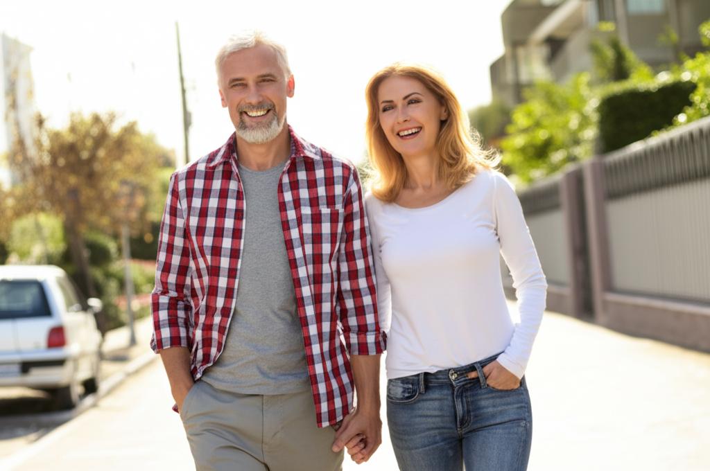 Happy middle-aged couple smiling and walking together