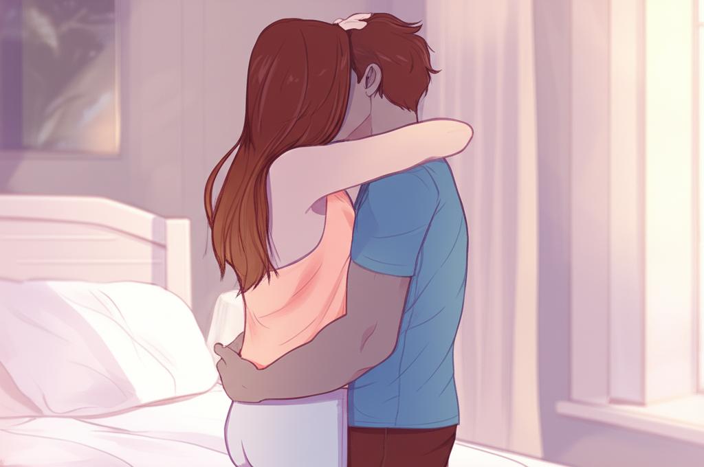 Happy couple embracing in a bedroom, soft focus, digital art
