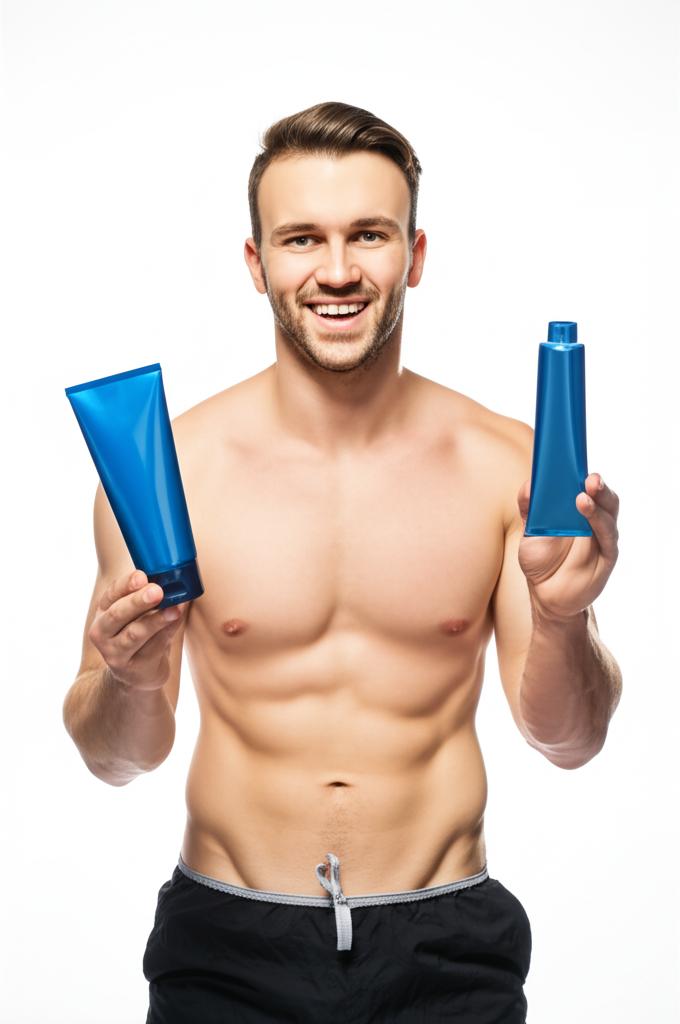 A man looking energetic and healthy, smiling confidently. He is holding a tube of Men