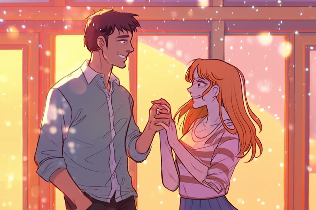 A couple smiling and holding hands affectionately, symbolizing restored intimacy and happiness after overcoming challenges. AI art, warm lighting, joyful atmosphere.