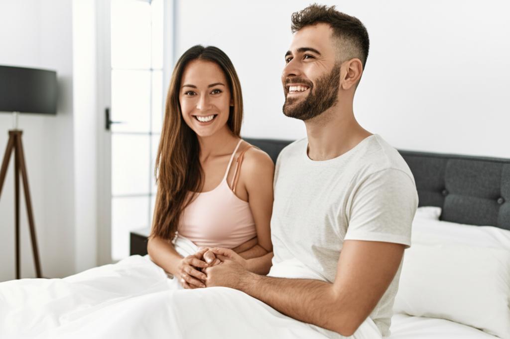 A couple smiling and holding hands in a bedroom, looking happy and connected, soft lighting, realistic photo