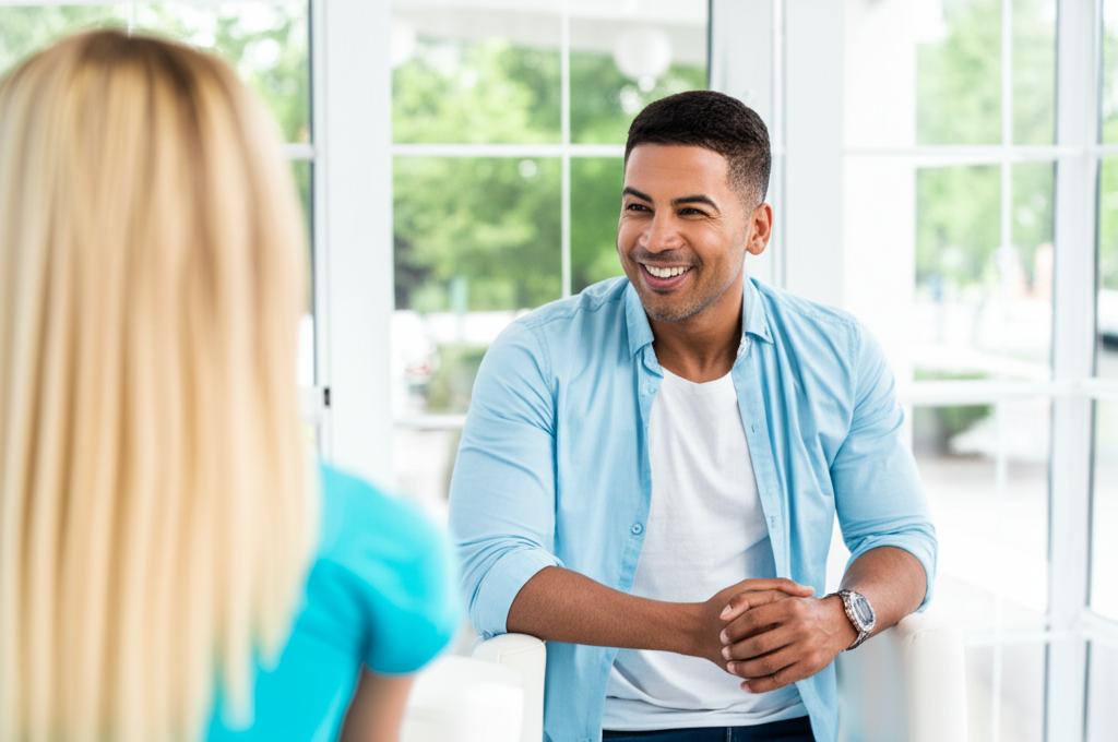 Man looking relaxed and confident, enjoying time with partner, bright and positive atmosphere