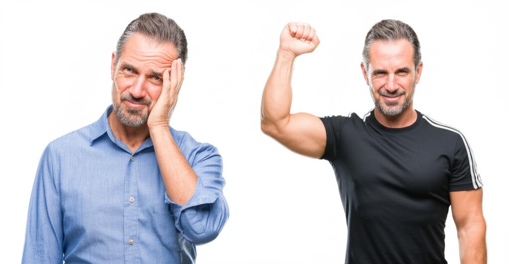 A before-and-after photo showing a middle-aged man looking tired and stressed in the first photo, and energetic and confident in the second photo.