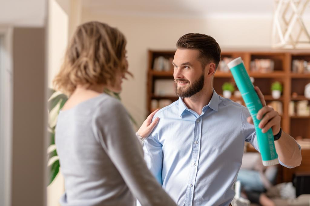 man looking energetic and confident after using product, standing with partner, warm home environment, candid moment, realistic photo