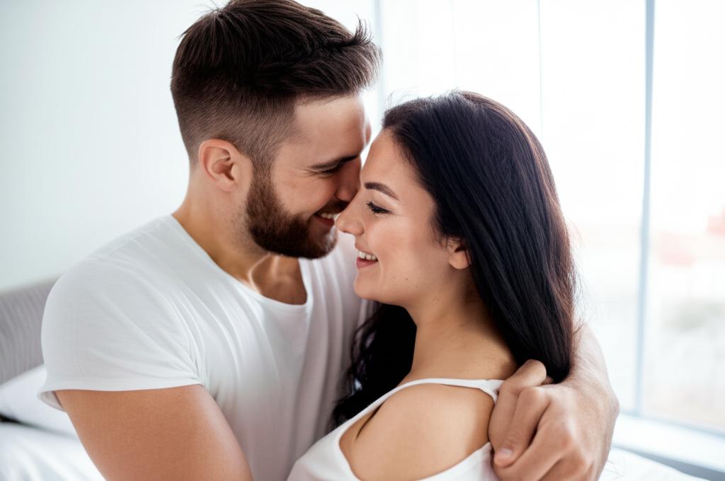 A happy couple embracing in their bedroom, looking loving and intimate.