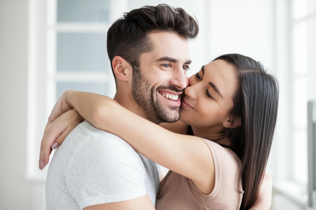 A smiling man and woman embracing, looking happy and energetic.
