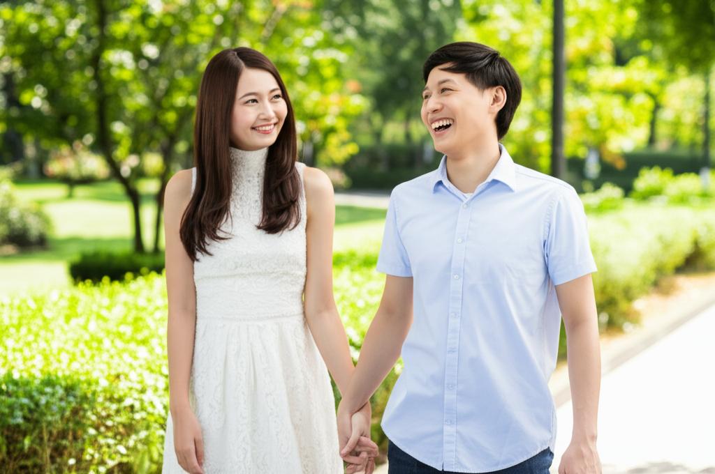 A happy couple holding hands and smiling at each other. They are in a park, surrounded by lush greenery.