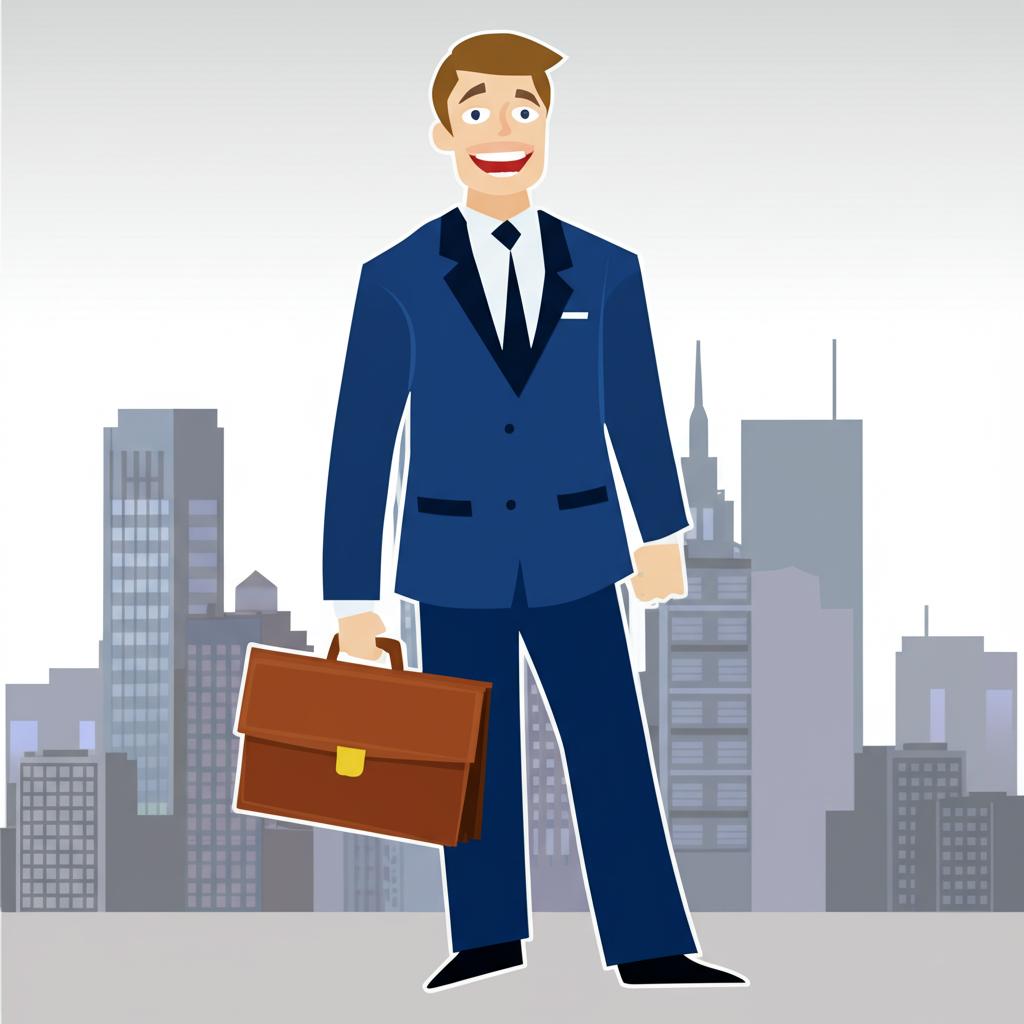 illustration of a happy salesman with a confident smile, standing in front of a cityscape, holding a briefcase