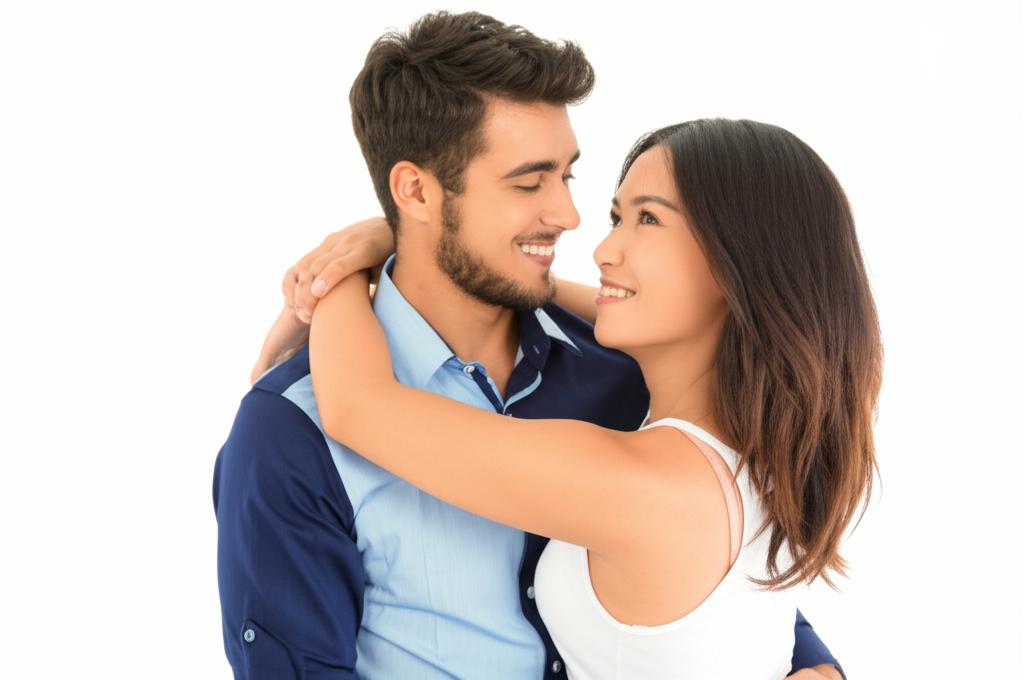 A happy couple embracing each other, smiling and feeling intimate.