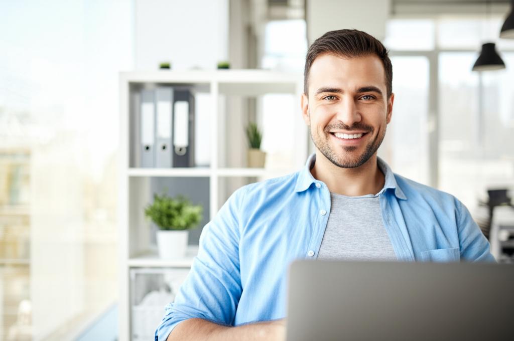 A smiling man in his mid-30s, working confidently on his laptop in a bright, modern office. Keywords: confident, productive, energetic, office, laptop, healthy, happy.