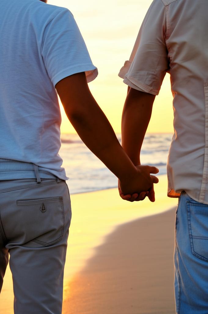 Couple holding hands and walking on the beach at sunset, symbolizing a happy and fulfilling relationship.