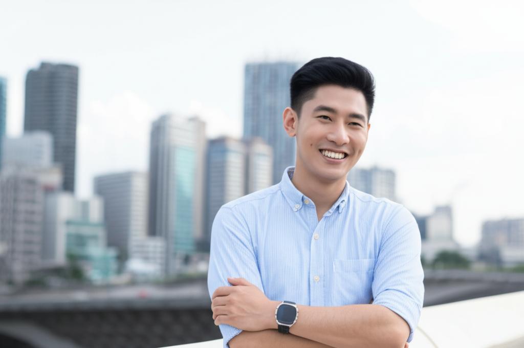 confident asian man smiling and looking forward, maybe with a city skyline in the background