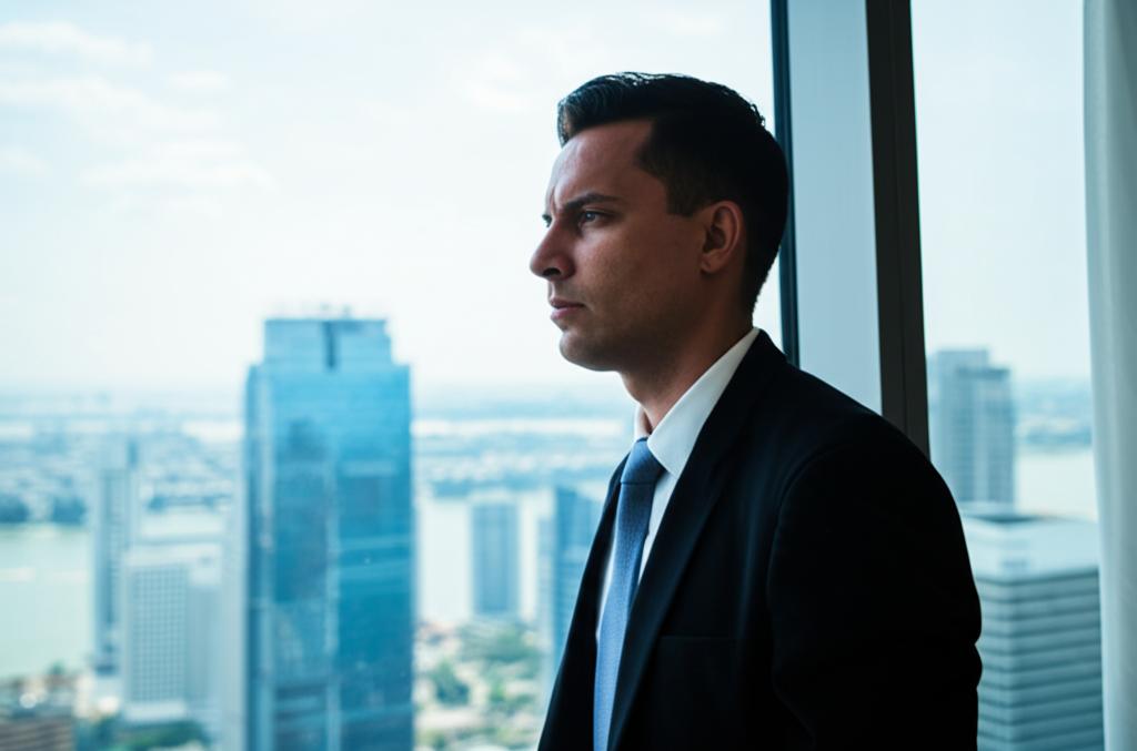 man confidently looking at a city skyline from a hotel window, energetic and successful, realistic photo