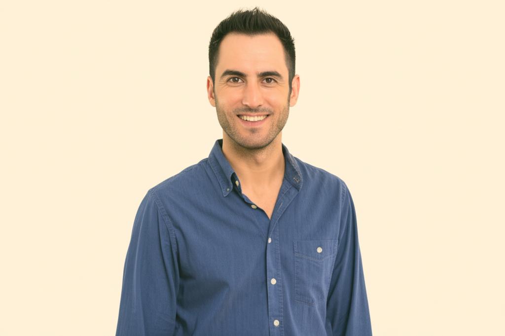 confident man smiling and looking energetic