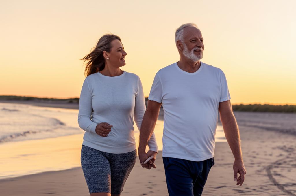 middle aged couple walking hand in hand on a beach at sunset, looking happy and energetic