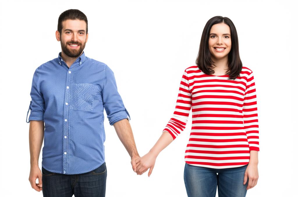 happy couple holding hands and smiling, looking confident