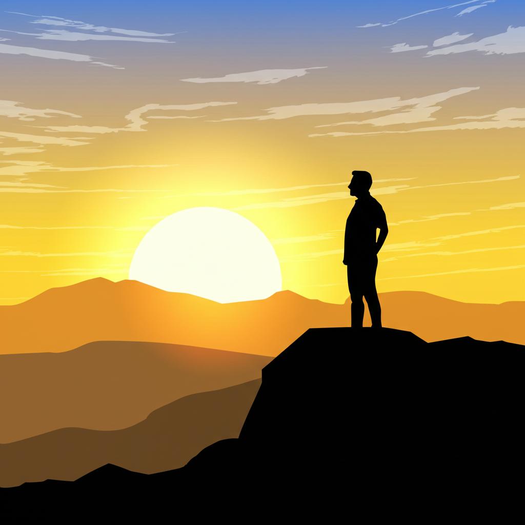 Silhouette of a confident man standing on a hilltop looking at a sunrise, symbolizing renewed vigor, digital art