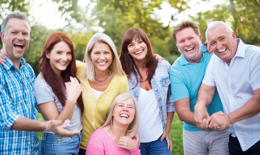 A group of people smiling and laughing, enjoying life outdoors.