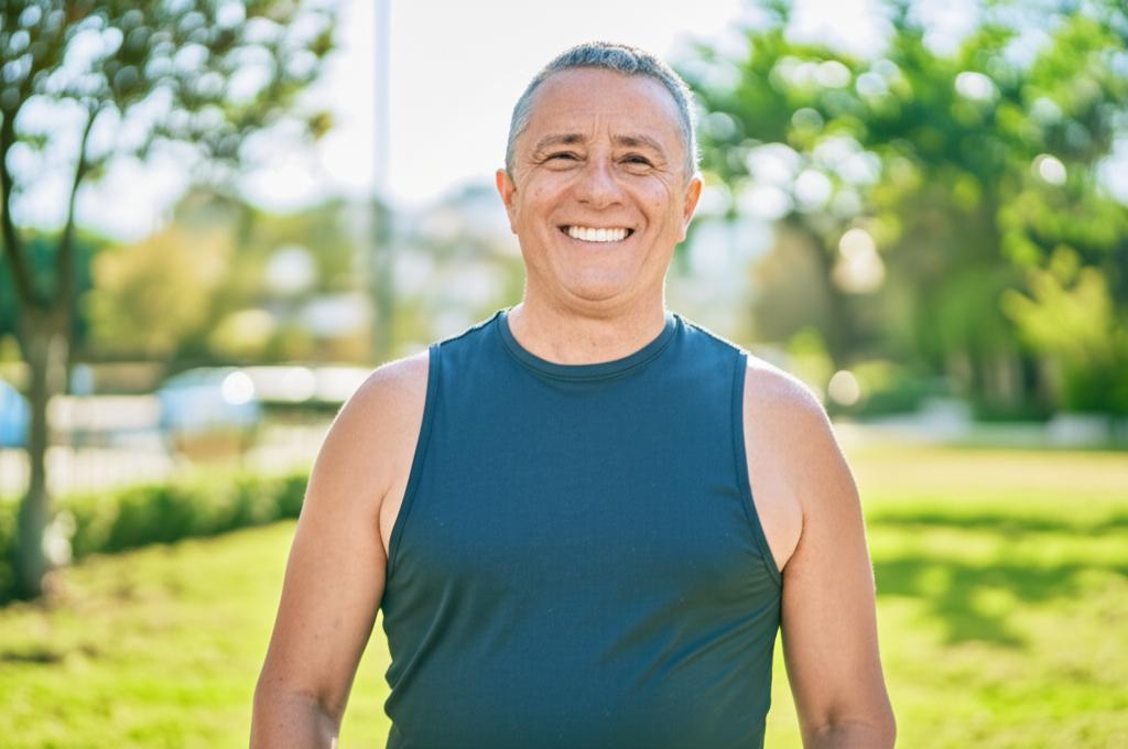 A middle-aged man smiling confidently and looking healthy, standing in a park during a sunny day.