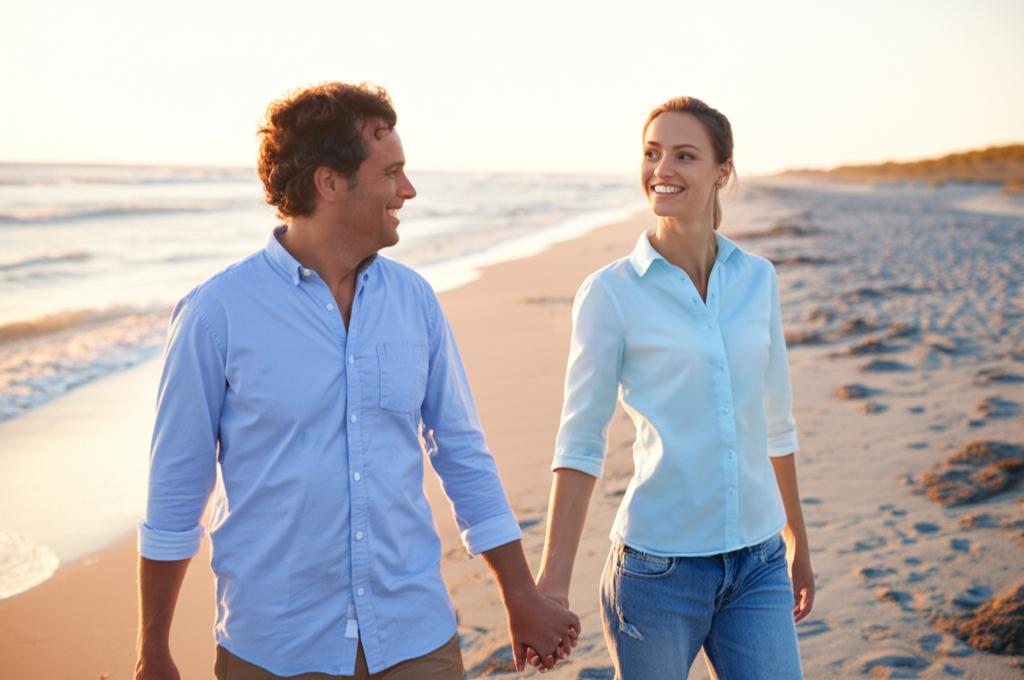 A happy couple holding hands and walking on the beach at sunset, looking relaxed and content.