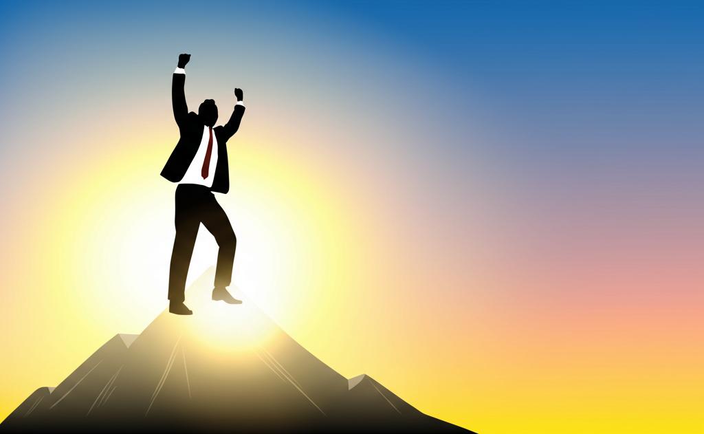 illustration of a successful salesman standing on top of a mountain, raising his arms in victory, with a sunrise in the background