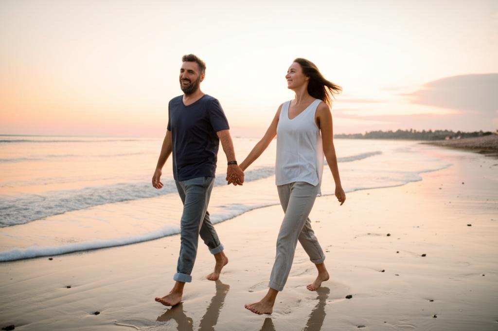 A couple holding hands, walking together on a beach at sunset, feeling happy and fulfilled.