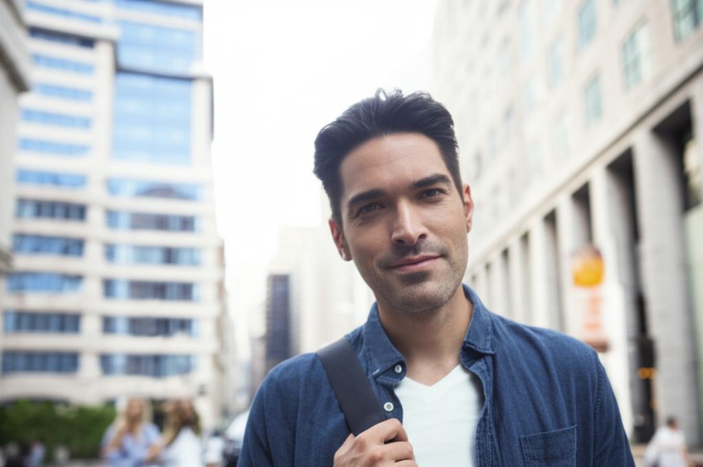 A vibrant and energetic man in his 30s, confidently walking towards the camera in a bustling city street. Keywords: energetic, confident, vibrant, city, success, health.