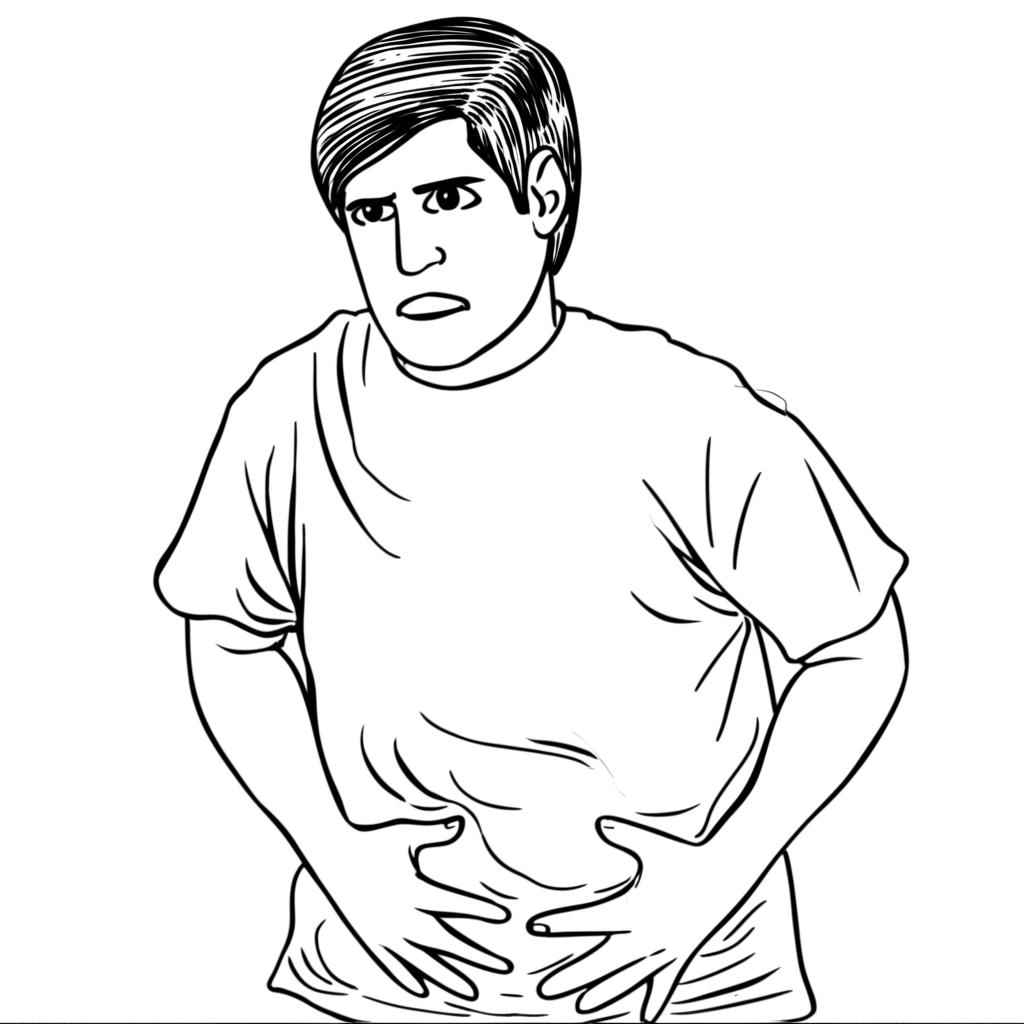 Man looking worried and holding his lower abdomen